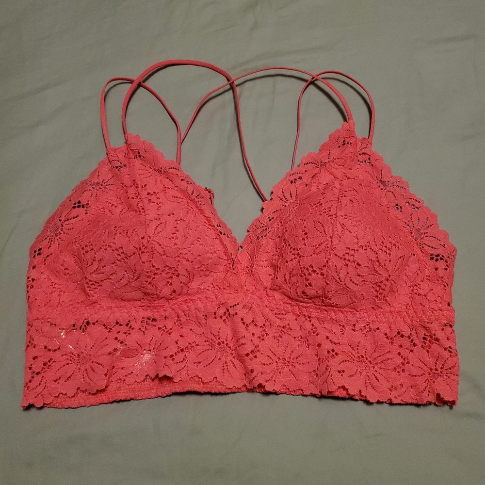 Neon Pink Victoria's Secret Bralette XL Hot Pink Stretcht Crochet Floral Bra